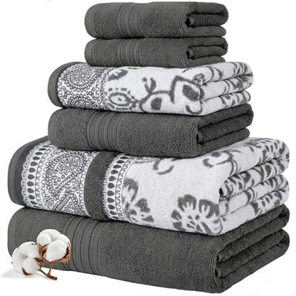 Modern Threads 6 Piece Bath Towel Set – Bathroom Set with 2 Bath Towels, 2 Hand Towels, and 2 Wash Cloths – 100% Cotton, Super Absorbent & Extra Soft – Reversible Floral Trail (Gray) - color: Gray