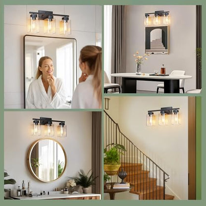 3-Light Bathroom Light Fixtures, Matte Black Modern Vanity Lights, Bathroom Lighting Fixtures Over Mirror, Square Design Farmhouse Wall Sconces with Clear Glass Shades - color: Matte Black, size: 3-Light