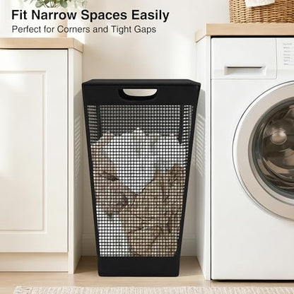 STO STO 75L Laundry Hamper with Lid, Black Clothes Hamper with Handles, Breathable Vinyl Mesh Laundry Basket, Sturdy Steel Frame, Space Saving Laundry Bin for Bathroom, Bedroom, Dorm, Small Spaces