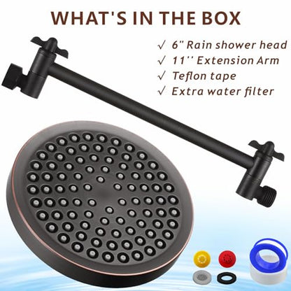 High Pressure Rain Shower Head with 11'' Extension Arm - High Flow Rainfall Showerhead - Luxury Modern Look - Pressure Boosting (Round, Oil Rubbed Bronze) - color: Oil Rubbed Bronze, style: 6" Round