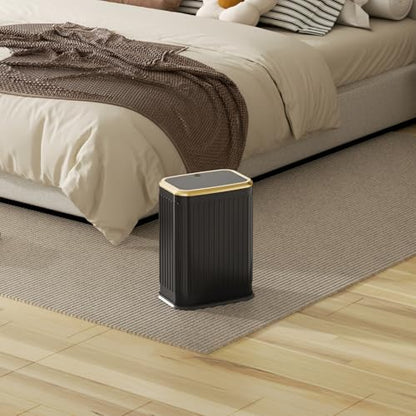 Bathroom Trash Can with Lid 8L/2.1 Gallon Black Trash Can Small Garbage Can with Press Top Lid Slim Stainless Steel Garbage Can with 100 Counts Trash Bags for Bathroom Bedroom Kitchen Office Toilet - color: Black Stripe, size: Press-Top Trash Can