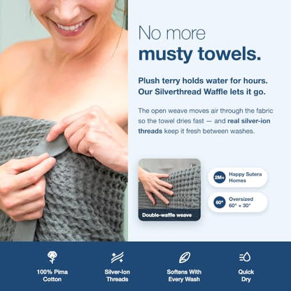SUTERA Silverthread Bath Towel | Antimicrobial Towel with Silver Ion Technology | Waffle Weave Design, Plush, Lightweight, and Quick-Drying for Everyday or Spa Use | 31" x 57" (White) | - color: White, style: Bath Towel