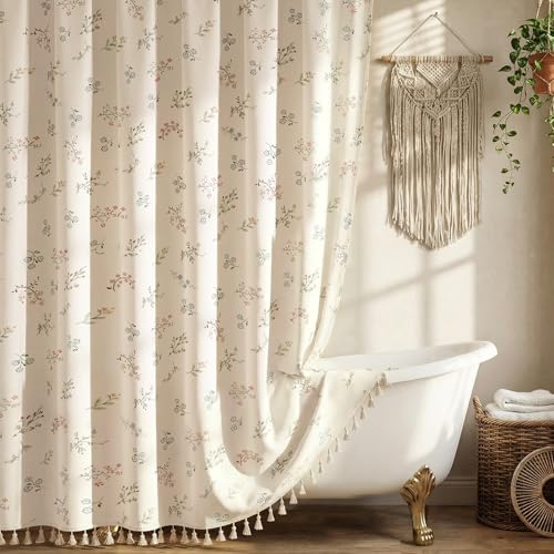 Farmhouse Floral Shower Curtain with 12 Clear Rings, Fabric Faux Linen Shower Curtain Set, Vintage Cottagecore Shower Curtain for Bathroom 72" W x 84" L - color: Floral Bloom-taupe Base, size: 72"W x 84"L (Pack of 1)