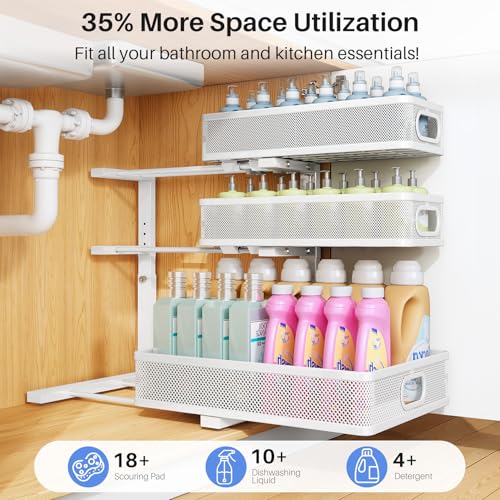 Under Sink Organizer, 3-Tier Thickened Metal Pull out Cabinet Organizer Shelf, Height Adjustable Slide out Storage Drawer Rack for Kitchen Bathroom Pantry Laundry Home Organization, 2-Pack, White | 35% Extra Storage Capacity, Carbon Steel, Hold Up 55lbs,