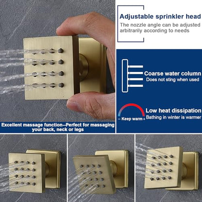 Thermostatic Shower System Dual Shower Heads with 16" Ceiling Mounted Rain Shower Head & 6" Wall Mounted Head 4 Function Shower System with body jets Can All Run Together, Brushed Gold - color: Brushed Gold, style: 16 inch +6 jets
