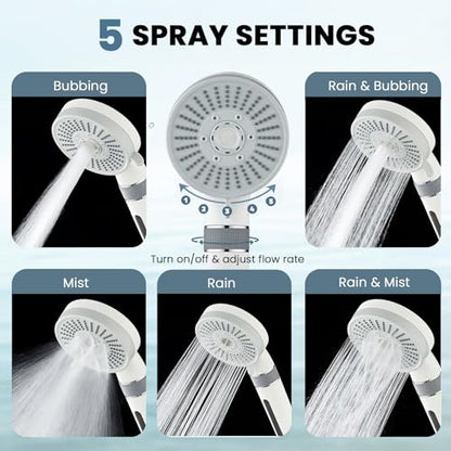 Filtered Shower Head with Handheld, High Pressure 5 Spray Mode | with 4 Filters, Silicone Hose & Bracket, for Hard Water to Remove Chlorine, Soothes Dry Skin & Hair