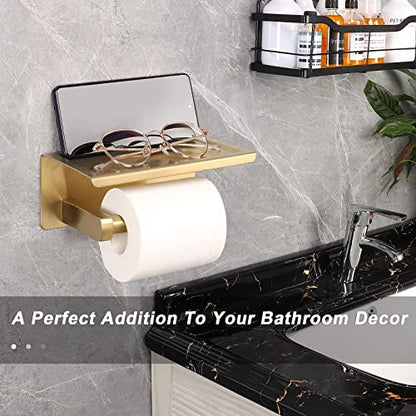 NearMoon Toilet Paper Holder with Shelf, Heavy Duty Bath Toilet Roll Holder with Phone Shelf Tissue Hanger for Bathroom/Kitchen No Drill or Wall Mounted(304 Stainless Steel, Brushed Gold) - color: Brushed Gold