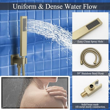 16 Inch Brushed Gold Ceiling Mount Shower System Bathroom Luxury Rain Mixer Shower Combo Set Ceiling Rainfall Shower Head System Faucet Contain Rough-in Valve and Trim Included - color: Brushed Gold, size: 16 Inch