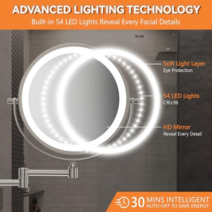 Auxmir 1X/30X Wall Mounted Makeup Mirror, 8" Rechargeable Magnifying Mirror | double-sided button, 3200mAh, 3 dimmable colors, 360° rotation, extended arm, 30X magnification, bathroom, nickel - color: 8'' 30x-nickel