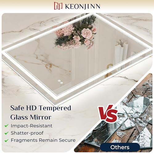 Keonjinn 72" x 36" Large Bathroom Mirror with Lights, Frontlit & Backlit | Safe HD Tempered Glass, 3000K/4500K/6000K, Dimmable, Auto-OFF Defogging, Memory Function, Smart Lighted Bathroom LED Mirror - size: 36"L x 72"W