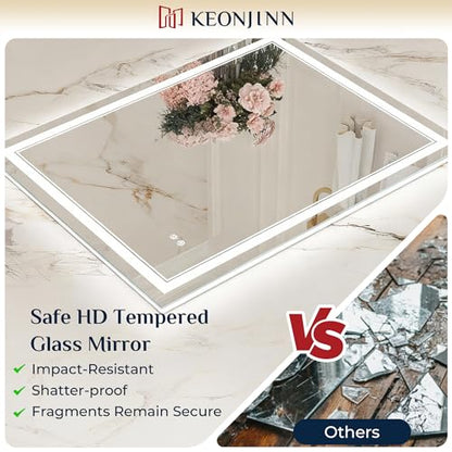 Keonjinn 28" x 36" Lighted Mirrors for Bathroom Wall, Safe Tempered Glass | Frontlit & Backlit, 3000K/4500K/6000K, Dimmable, Energy-Saving Power Driver, Anti-Fog, Smart LED Bathroom Mirror with Lights - size: 36"L x 28"W