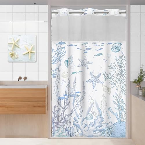 Small No Hook Shower Curtain and Liner Set, Blue Beach Coastal 36x74 | Nautical Ocean for Bathroom, with Snap in Liner Replacement, Mesh Top Window, Waterproof, Machine Washable, Quick-Drying - color: Blue, size: 36"W x 74"L (Pack of 1)