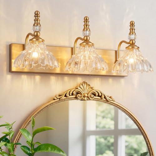 Vintage Bathroom Vanity Light, 3-Light Brass Vanity Lighting Fixture with Flower Glass Shade, Bathroom Lighting Fixtures Over Mirror - color: B-Brass, size: 3-light