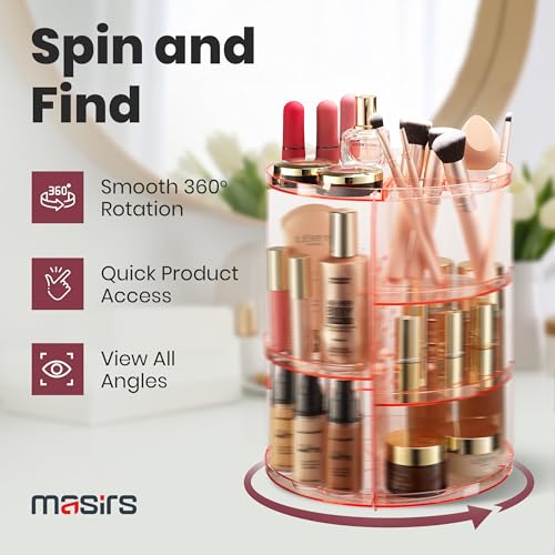 Masirs 360 Rotating Makeup Organizer Countertop, Adjustable Shelf, Pink | 360-Degree Rotating Makeup Organizer, Adjustable Shelf Height, Cosmetic Perfume Skincare Storage, Vanity Countertop, Pink - color: Pink