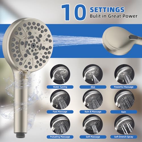 10" Metal Rainfall Shower Head with 10-Mode Handheld, Brushed Nickel | NSF/ANSI/CAN 372 Certified, High Pressure Showerhead Combo with 11" Adjustable Shower Arm, 71" Hose, Shower Head Holder - color: Brushed Nickel, style: Square 10"