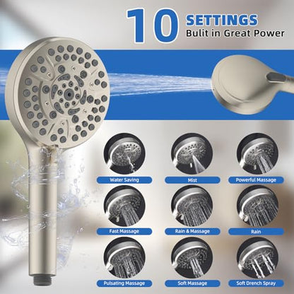 10" Metal Rainfall Shower Head with 10-Mode Handheld, Brushed Nickel | NSF/ANSI/CAN 372 Certified, High Pressure Showerhead Combo with 11" Adjustable Shower Arm, 71" Hose, Shower Head Holder - color: Brushed Nickel, style: Square 10"