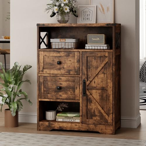 Fameill Farmhouse Storage Cabinet with 2 Drawers & Shelves, Brown | Freestanding Kitchen Cabinet with Barn Doors, Floor Storage Organization For Living Room, Bathroom, Laundry - color: Brown, size: 27.5 "L