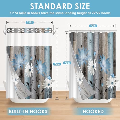 No Hook Shower Curtain with Snap in Liner 71x74 Inch Blue Daisy | Farmhouse Rustic Butterfly Modern Double Layers Waterproof Fabric with See Through Top Window Open Grommet Bath Curtain - color: Blue Retro Daisy, size: 71"W x 74"L (Pack of 1)