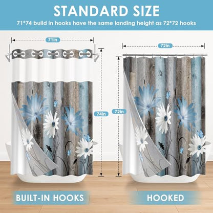 No Hook Shower Curtain with Snap in Liner 71x74 Inch Blue Daisy | Farmhouse Rustic Butterfly Modern Double Layers Waterproof Fabric with See Through Top Window Open Grommet Bath Curtain - color: Blue Retro Daisy, size: 71"W x 74"L (Pack of 1)