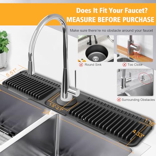 24-Inch Kitchen Sink Splash Guard Mat | 7° Slope for Fast Self-Draining | Snap-Lock Design | Universal & Cuttable Silicone Faucet Mat (Black) - color: Black, size: 24" x 5.5"