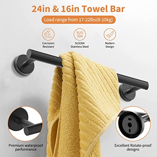 Cilee 10 Piece Matte Black Bathroom Hardware Set, 24 16 inch Towel Bar Set | 24 & 16 inch Towel bar, Toilet Paper Holder, Towel Ring, Towel Hook, Bathroom Accessories Set Stainless Steel Wall Mounted - color: 1 Black, size: 24inch