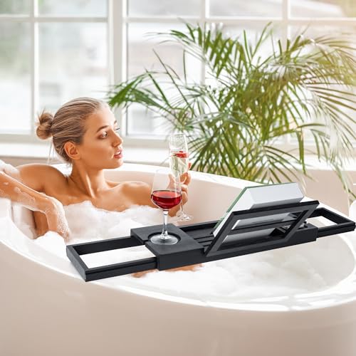 Utoplike Bamboo Bathtub Tray Black, Adjustable Bath Caddy Table for Tub | Bathroom Organizer with Book Tablet, Wine Glass Cup, Towel Holder - color: 19.8-33.5 in Black