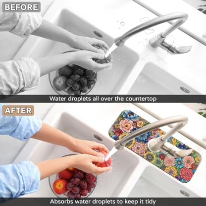 Kitchen Sink Splash Guard Faucet Mat Boho Flowers 1PC Super Absorbent Fast Drying Faucet Guard & Draining Mat Sink Splash Guard Behind Faucet Drip Catcher for Kitchen Bathroom RV (15.4" X 5.7" ) - size: 15.4" X 5.7"-1PC
