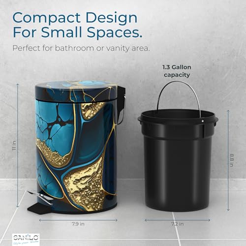Sanilo Small Bathroom Trash Can with Lid [1.3 Gallon] - Lidded Tiny Trashcan for Garbage - Mini Metal Bin with Soft Closing Mechanism - Bath Room Accessoire Wastebin with Inner Bucket (Marble Cobalt) - color: Marble Cobalt