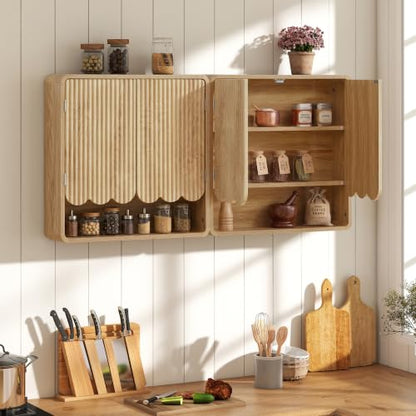 Fluted Bathroom Wall Cabinet, Boho Wooden Bathroom Organizers, Scalloped Over The Toilet Storage Cabinet with Adjustable Shelf, Medicine Cabinet Wall Mounted for Bathroom, Laundry Room,Natural - color: Natural
