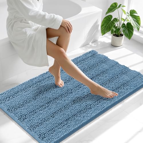 Smiry Thick Chenille Bathroom Runner Rugs 44x24, Soft Bath Mat, Airy Blue | Quick‑Dry & Machine Washable, Non‑Slip Bath Carpet, Striped Bath Rugs for Tub & Shower, Modern Home Decor Accessories - color: Airy Blue, size: 44" X 24"