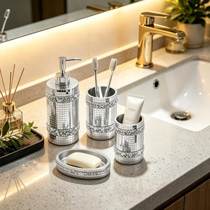Silver Bathroom Accessories Set, Mosaic Decoration 4-piece Set | Deluxe silver mosaic bathroom 4-piece set,including soap dispenser,soap tray,toothbrush cup,partitioned toothbrush holder - size: 4 Pc Set