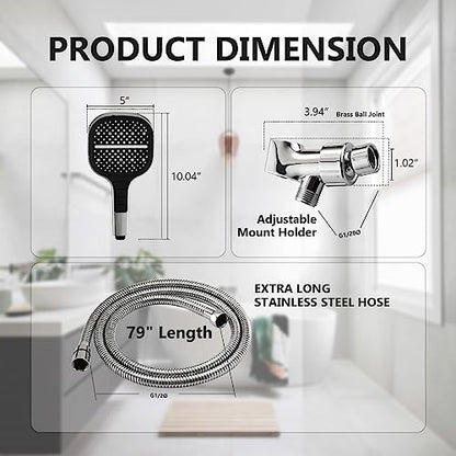 Handheld Shower Head with Extra Long Hose, 8 Setting Square Detachable Hand Held Spray with Upgrade Button & On Off Switch, 79" Hose - Chrome - color: Chrome
