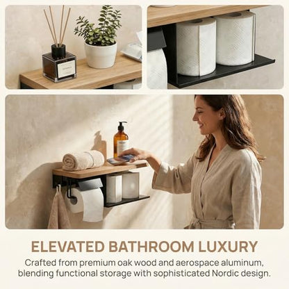 Toilet Paper Holder with Shelf - 2 Tier Wood Toilet Paper Holder Wall Mount for Bathroom, Rustic Natural Wood Double Toilet Paper Holder, Smart Bathroom Organizer with Shelf