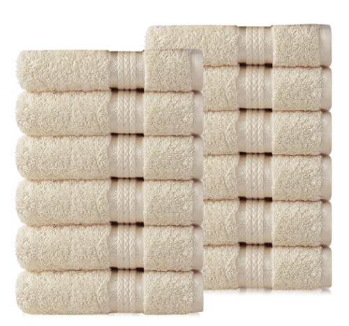 COTTON CRAFT Ultra Soft Washcloths -12 Pack- 12x12-100% Cotton Facecloths - Baby Wash Cloths - Absorbent Quick Dry Everyday Luxury Hotel Bathroom Kitchen Spa Gym Pool Camp Dorm - Easy Care - Ivory | Large 12x12 inch Ivory Wash Cloths - Plush 580 GSM Absor