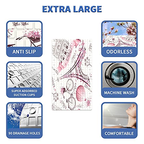 Bath Tub Mat Non Slip Shower Mat Paris Eiffel Tower Pink Retro Love Bike Hot Balloon Extra Long Bathtub Mat 26.8x15 inches Bathroom Bath Mat with Suction Cups Drain Holes Machine Washable