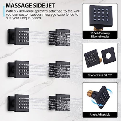 Shower System with 6 PCS Body Spray Jets 12 Inch Rain Shower Head Wall Mounted,Can Run All Together Contain Shower Faucet Rough-in Valve Body and Trim,Matte Black