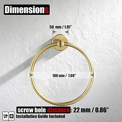 JQK Towel Ring Brass Gold, 304 Stainless Steel Hand Towel Holder for Bathroom, Brushed Gold Wall Mount, TR130-BG - color: Gold