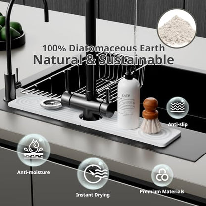 Quick Dry Sink Splash Guard - 15.8" Quick Drying Diatomite Earth Faucet Mat | Faucet Mat for Kitchen Sink, Water Absorbent Diatomaceous Earth Stone Sink Tray for Bathroom Counter - White