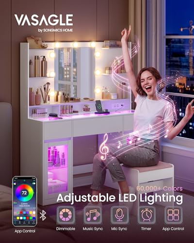 VASAGLE Kailyn Collection - Vanity Desk with LED Lights and Power Outlet, Modern Vanity Table with Light Strip, 3 Drawers, 2 Cabinets, Transparent Top, 8 Storage Shelves, Cloud White URDT145WB03S - style: 42.1"W 3 Drawers 2 Cabinets Vanity Desk - Cloud Wh