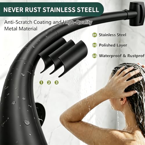 Matte Black Curved Shower Curtain Rod for Bathroom 33-78 In Adjustable Curved Shower Rod, RustProof Stainless Steel Round Shower Rods for Bathtub, Stall Extra Shower Space Need Drilling - color: Black