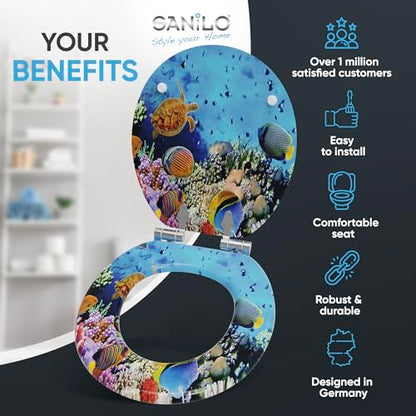 SANILO Wooden Toilet Seat with Soft Close [ROUND] - Decorative, Quiet & Slow Close Molded Wood Seat - With Strong Bumpers & Hinges - Adjustable Fit – Ocean - color: Ocean