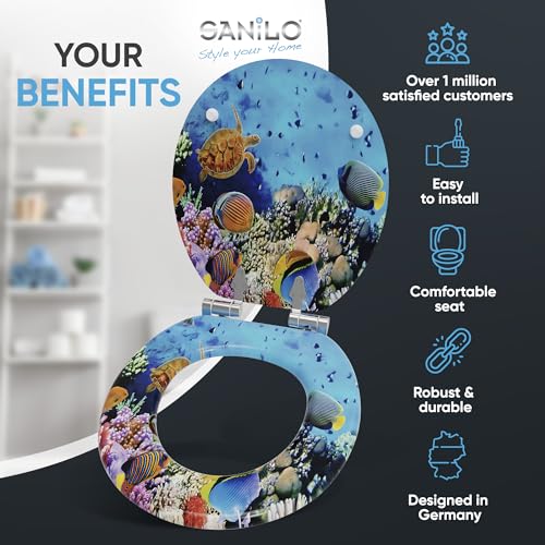 SANILO Wooden Toilet Seat with Soft Close [ROUND] - Decorative, Quiet & Slow Close Molded Wood Seat - With Strong Bumpers & Hinges - Adjustable Fit – Ocean - color: Ocean