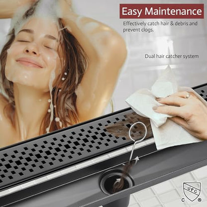 Linear Shower Drain, 24 inch Matte Black | Including Hair Catcher and Removable Grate, 304 Stainless Steel, Easy to Install and Clean (Drain Base Not Included) - color: Matte Black, size: 24 inch