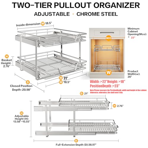 2-Tier Kitchen Cabinet Pull Out Shelf and Drawer Organizer Slide Out Pantry Storaqe Basket in Multiple Sizes (21" W x 21" D,) - size: 21" W x 21" D,