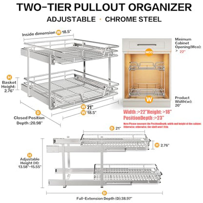 2-Tier Kitchen Cabinet Pull Out Shelf and Drawer Organizer Slide Out Pantry Storaqe Basket in Multiple Sizes (21" W x 21" D,) - size: 21" W x 21" D,