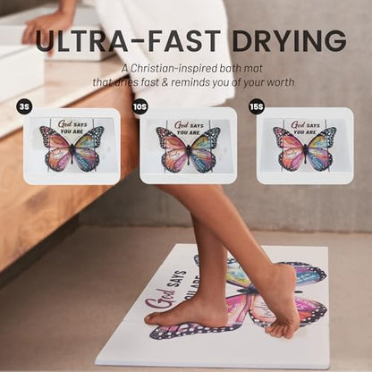 Butterfly Foldable Stone Bath Mat - Quick Dry Diatomaceous Earth Bath Mat with Non Slip Pad, Absorbent Stone Shower Mat for Bathroom, Butterfly Bathroom Decor, 23.6 x 15.5