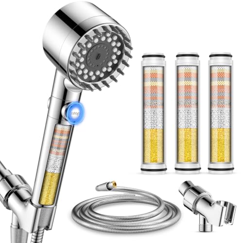 Filtered Shower Head with Handheld, High Pressure Shower Head with Filters | 3 Filters, ON/OFF Switch, Removes Chlorine for Hard Water, Improves Skin & Hair, 4 Mode Showerhead, Power Wash, Holder & Hose