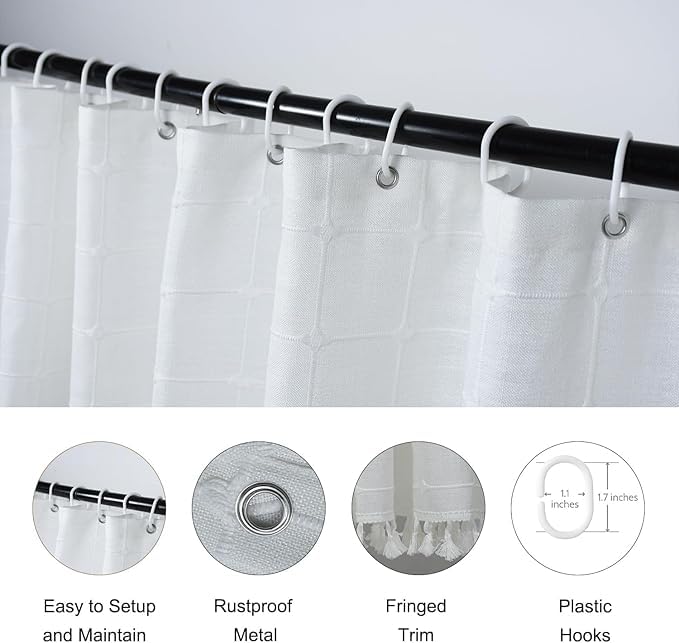 Farmhouse White Extra Long Shower Curtain - Boho Modern Linen Fabric Shower Curtains for Bathroom, XL Large Country Heavy Duty Thick Bathroom Curtain Set with Tassel - Bohemian Shower Curtain 71x83 - color: White, size: 71"W x 83"L (Pack of 1)
