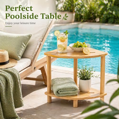 Bamboo Corner Shower Stool, 2-Tier Waterproof Shower Foot Rest with Storage Shelf, Showers Feet Stool for Shaving Legs & Small Spaces, Bath Seat for Women, Mom
