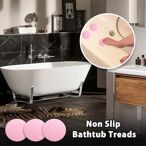 24 PCS Pink Round Shape Bathtub Non Slip Stickers | Adhesive Decals, Anti Slip for Shower, For Floor Bathroom Stairs Ladders, Includes Scraper - color: Pink
